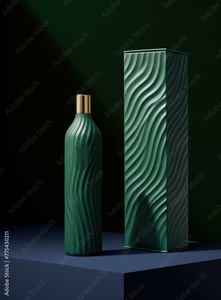 Poster a green bottle with a box next to it on the table. generative ai.