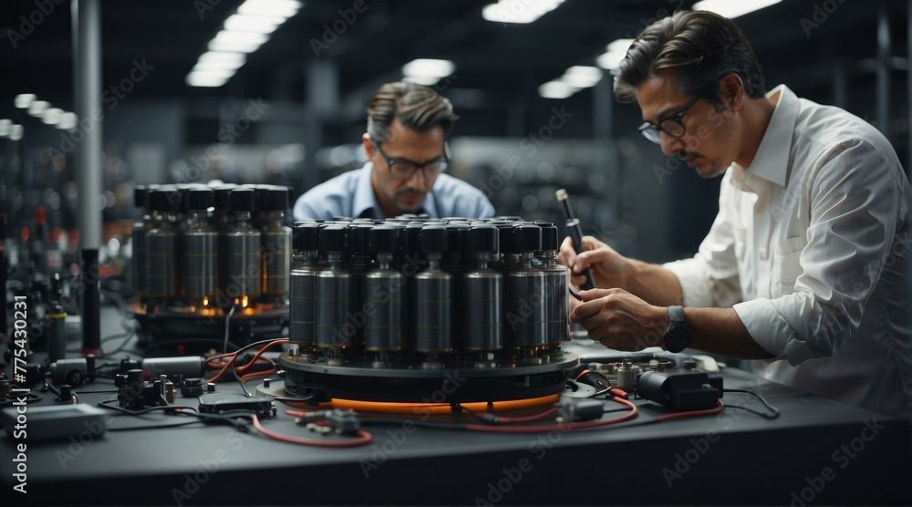 Poster two men working on a machine in an industrial setting. generative ai.
