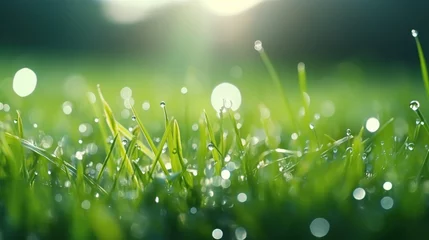 Fotobehang Juicy green grass in morning dew or rain water drops on blurred greenery and sunlight background. Spring summer landscape concept. © Alpa