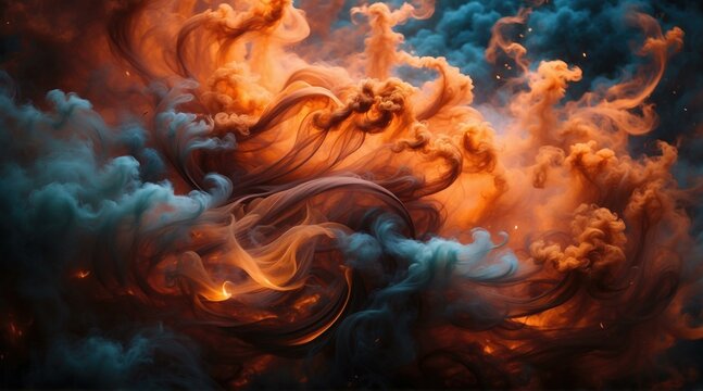 An image of a swirling cloud with orange and blue colors. Generative AI.