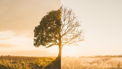concept of climate changing half dead and alive tree outdoors banner design - obrazy, fototapety, plakaty