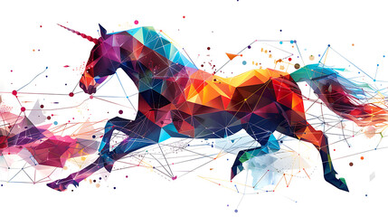 a colorful, geometrically-styled horse in motion.