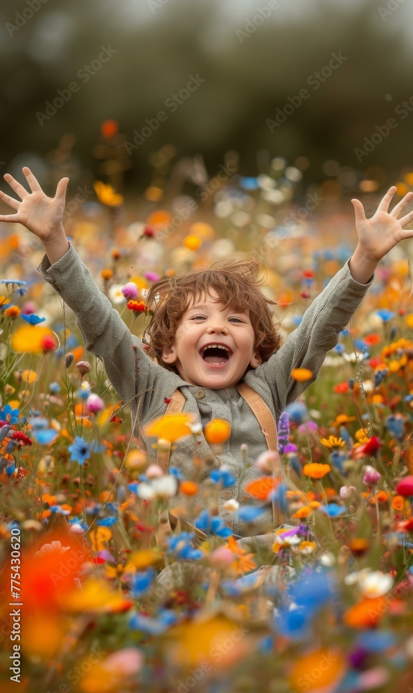 Poster a child in a field of flowers with arms up and smiling. generative ai.