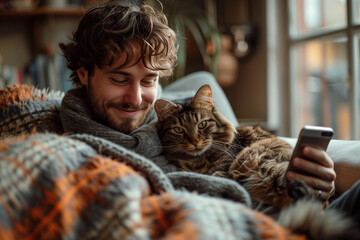 Happy White Man with Cat Enjoying Smartphone at Home