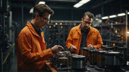 Two men in orange jackets working on machinery inside a factory. Generative AI.
