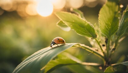 ladybug on a green leaf on blurred green nature background vertical image