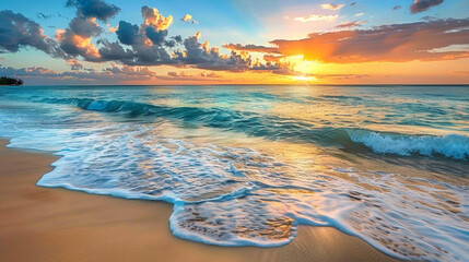A serene beach with golden sands and gentle waves rolling ashore under a colorful sunset sky