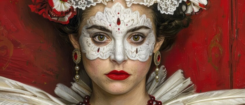   A close-up photo of a lady in a white face mask adorned with floral headpiece and a red backdrop