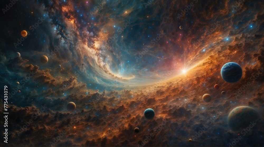 Poster a space scene with planets and stars in the background. generative ai.