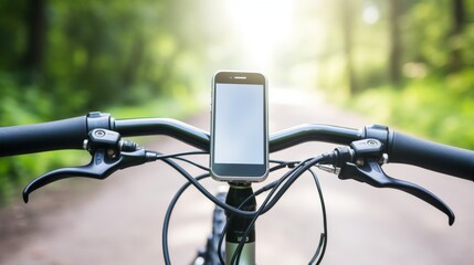 Phone Mounted on Bike Handlebar, Ready for Exploration in Scenic Mountain and Forest. Phones with White Screens in Outdoors Settings