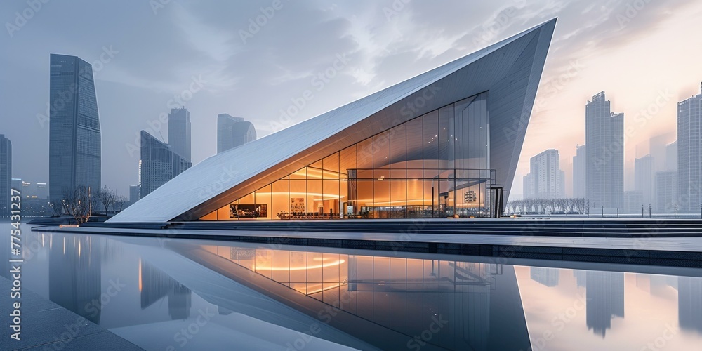 Poster a modern building with a triangular roof sitting on top of water. generative ai.