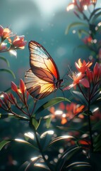 A butterfly is sitting on a flower with some leaves. Generative AI.
