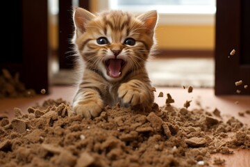 A small tabby kitten is playing in a pile of sand. The kitten is having a lot of fun and is very excited. The sand is scattered everywhere, and the kitten is covered in it. - obrazy, fototapety, plakaty