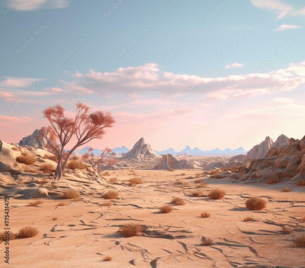 Poster a desert scene with a lone tree in the middle of it. generative ai.