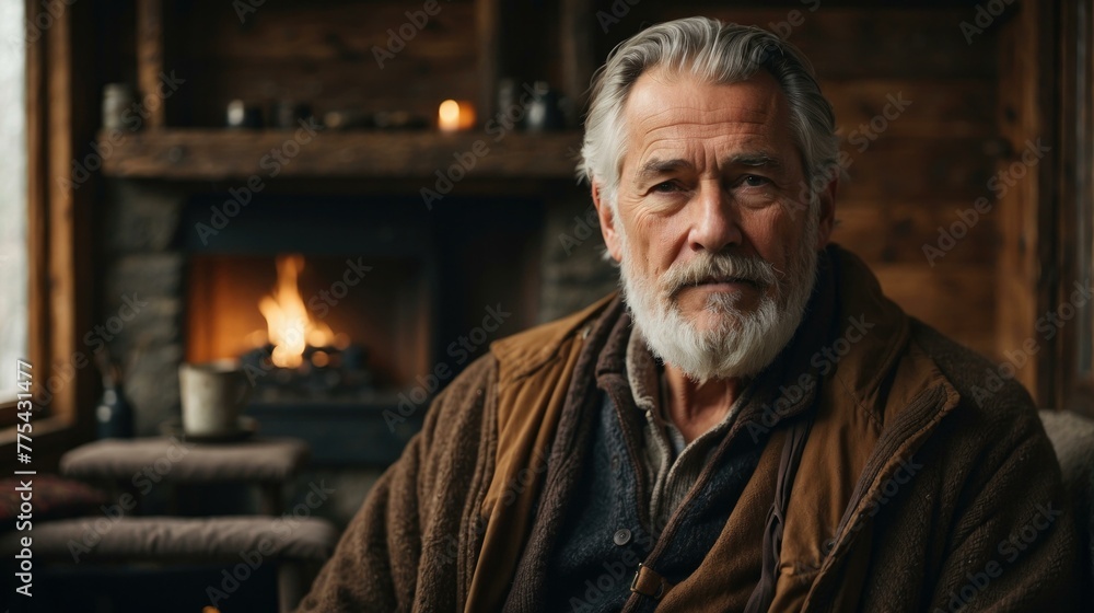 Poster a man with a beard sitting in front of fireplace. generative ai.