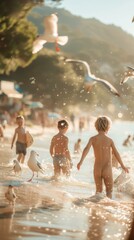 A group of children playing in the water at a beach. Generative AI.