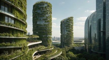 A city with many tall buildings that have green plants growing on them. Generative AI.