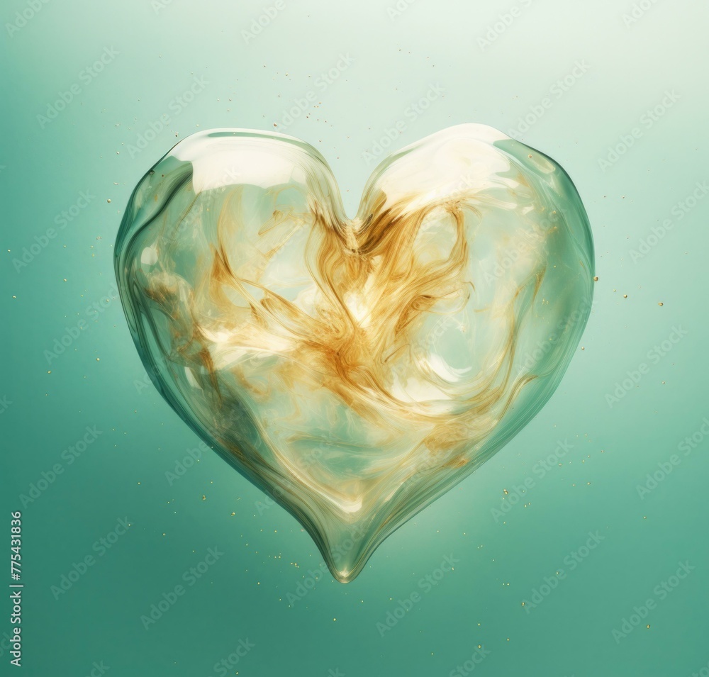 Poster A heart shaped object with gold liquid inside of it. Generative AI.