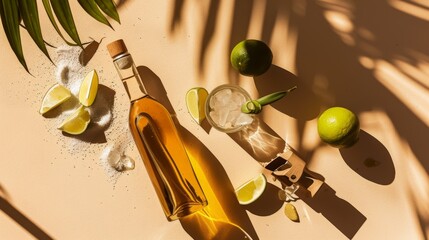 Tequila bottle with lime wedges and salt on a beige background, no text, no inscriptions, no advertising , no text, no inscriptions, no advertising ::3 chromatic ::3 --ar 16:9 --quality 0.5 --stylize