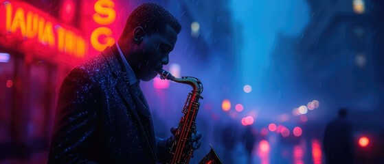 A man playing the saxophone in a city at night. Generative AI.