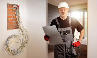 Man is electrician. Builder stands near wall with wires. Electrician in building under...