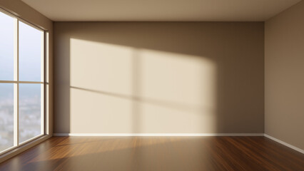 Empty room with large window. Apartment unfurnished. Room with wooden floor. Sunlight illuminates...