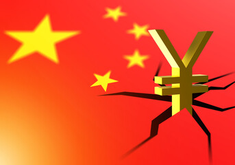 Yuan sign in flag of China. Symbol of Chinese national currency. Economy of China. PRC flag with crack. Yuan currency logo breaks flag. Financial system of people republic of China. 3d image