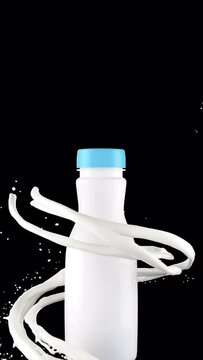 Closeup milk liquid cream follows a part turning milk bottle on black blackground. 3D animation. Include alpha matte.