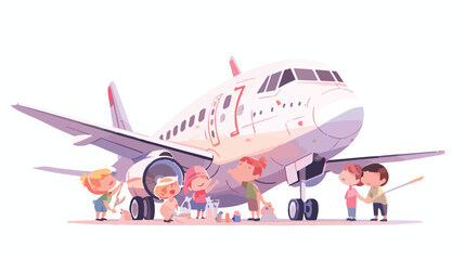 Children fixing a plane together illustration 2d fl