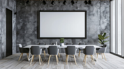 A sleek and modern meeting room with clean design elements, complemented by a blank white empty frame for customizable decor