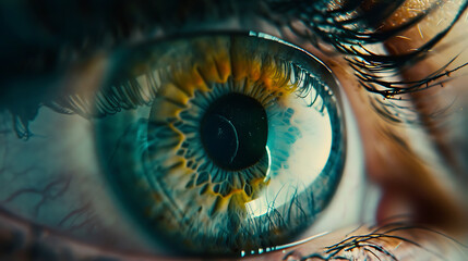 The multi-colored iris exhibits hues of blue, green, and yellow, creating a mesmerizing pattern. - obrazy, fototapety, plakaty