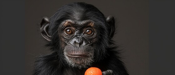   A chimp holds an orange in its right hand, shocked expression