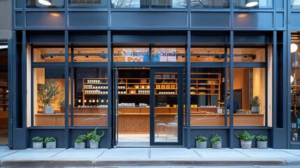 A sleek and modern storefront with eye-catching window displays and signage, inviting customers to...
