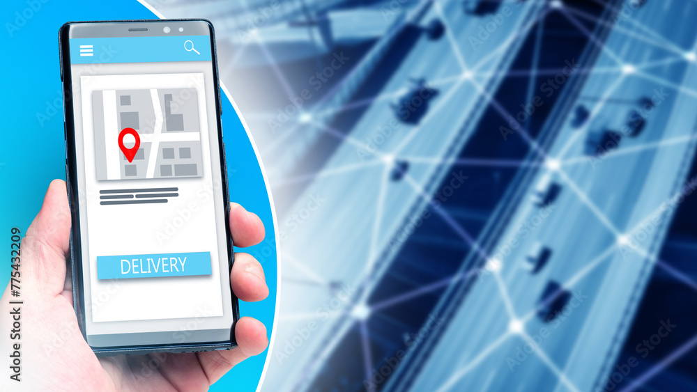 Poster delivery application on phone. smartphone in hands of man. delivery tracking via phone. hand with ce