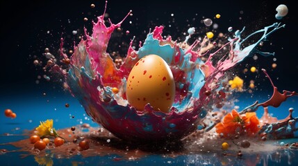 High-speed photography of an Easter egg bursting with colorful confetti