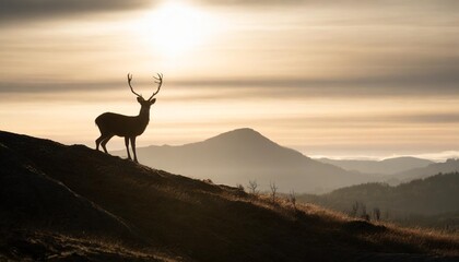 silhouette of deer on top of mountain at sunset - obrazy, fototapety, plakaty