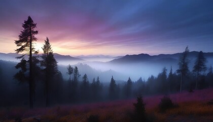 pine forest in the fog cinematic dark light beautiful blue and purple colors natural fantasy scene...