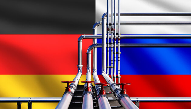 Import of gas from Russia to Germany. Oil pipes near flags. Export Russian gas. Pipeline for energy resources. Concept fuel supply from Russian federation. Cooperation Germany and Russia. 3d image
