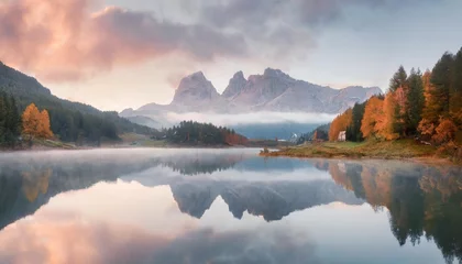 Zelfklevend Fotobehang panoramic autumn view of popular tourist destination federa lake picturesque sunrise in dolomite alps amazing morning scene of italy europe beauty of nature concept background © Aedan