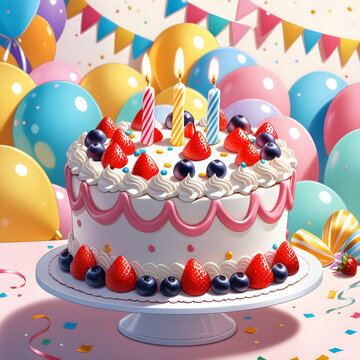 Una colorida imagen que representa un pastel de cumpleaños en colores llamativos