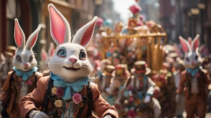 Joyful Easter parade with elaborately decorated floats and marching bands - obrazy, fototapety, plakaty