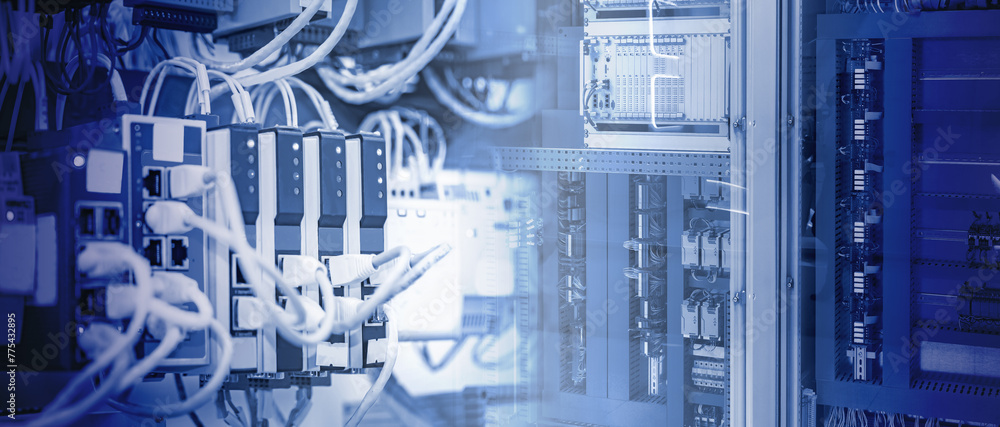 Poster network hardware. internet technologies. network wires are connected to switch. equipment for provid