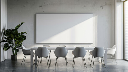 A sleek and professional meeting room with a minimalist aesthetic, highlighting a blank white empty frame for versatile customization