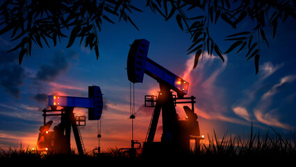 Oil rigs with night lighting. Petroleum deposit on summer evening. Oil rigs near tree branches....