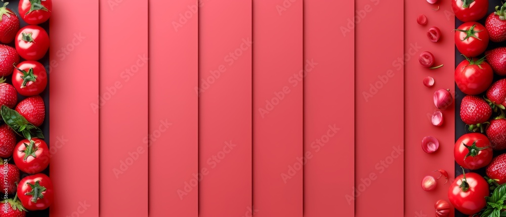 Poster a line of strawberries and tomatoes against a red backdrop, with room for text insertion
