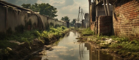 Near a tranquil canal, there is a weathered brick wall with a small stream gently flowing through it, creating a picturesque scene - obrazy, fototapety, plakaty