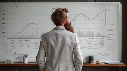A man in formal wear is standing in front of a whiteboard with graphs, making gestures and pointing with a pen. He is giving a presentation at an event in a room with neat handwriting and clean fonts