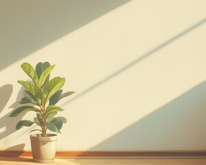 A minimalist digital rendering of a potted plant in sunlight with long shadows on a plain wall