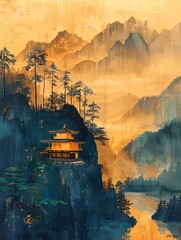 Landscape Chinese mountain creek in traditional painting style , for home decor, wall art, digital art print, wallpaper, background - obrazy, fototapety, plakaty