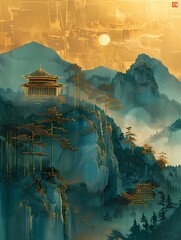Landscape Chinese mountain creek in traditional painting style , for home decor, wall art, digital art print, wallpaper, background - obrazy, fototapety, plakaty